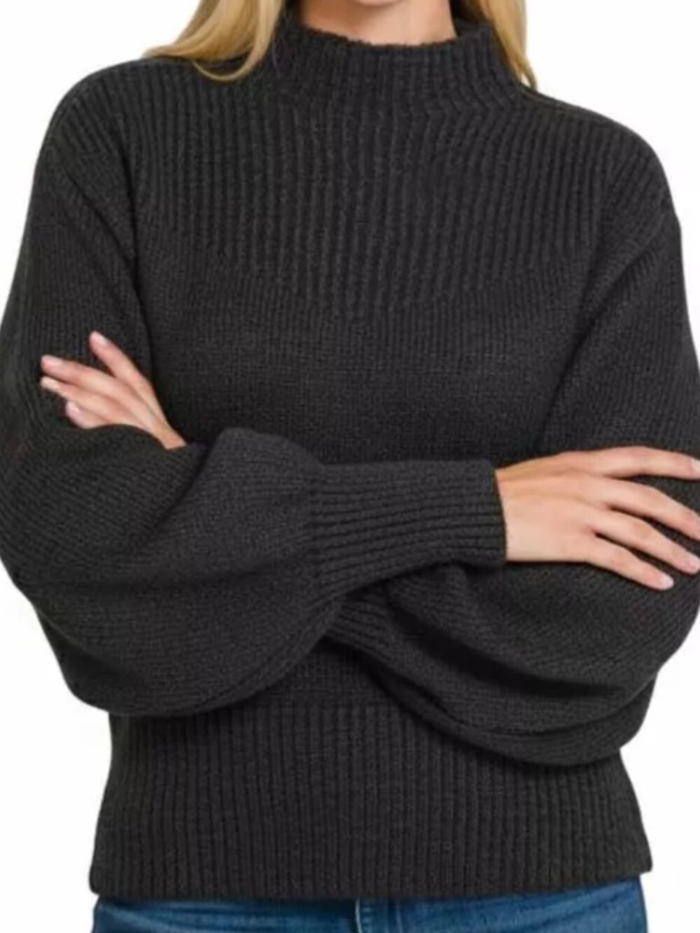 BLACK Zenana Balloon-Sleeve Mock-Neck Sweater Size Small